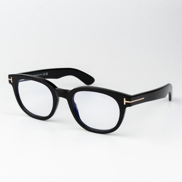 Tom Ford Men Eyeglasses Shiny Black Clear Blue Light Block Round FT5807-B/O 001 - Picture 1 of 8